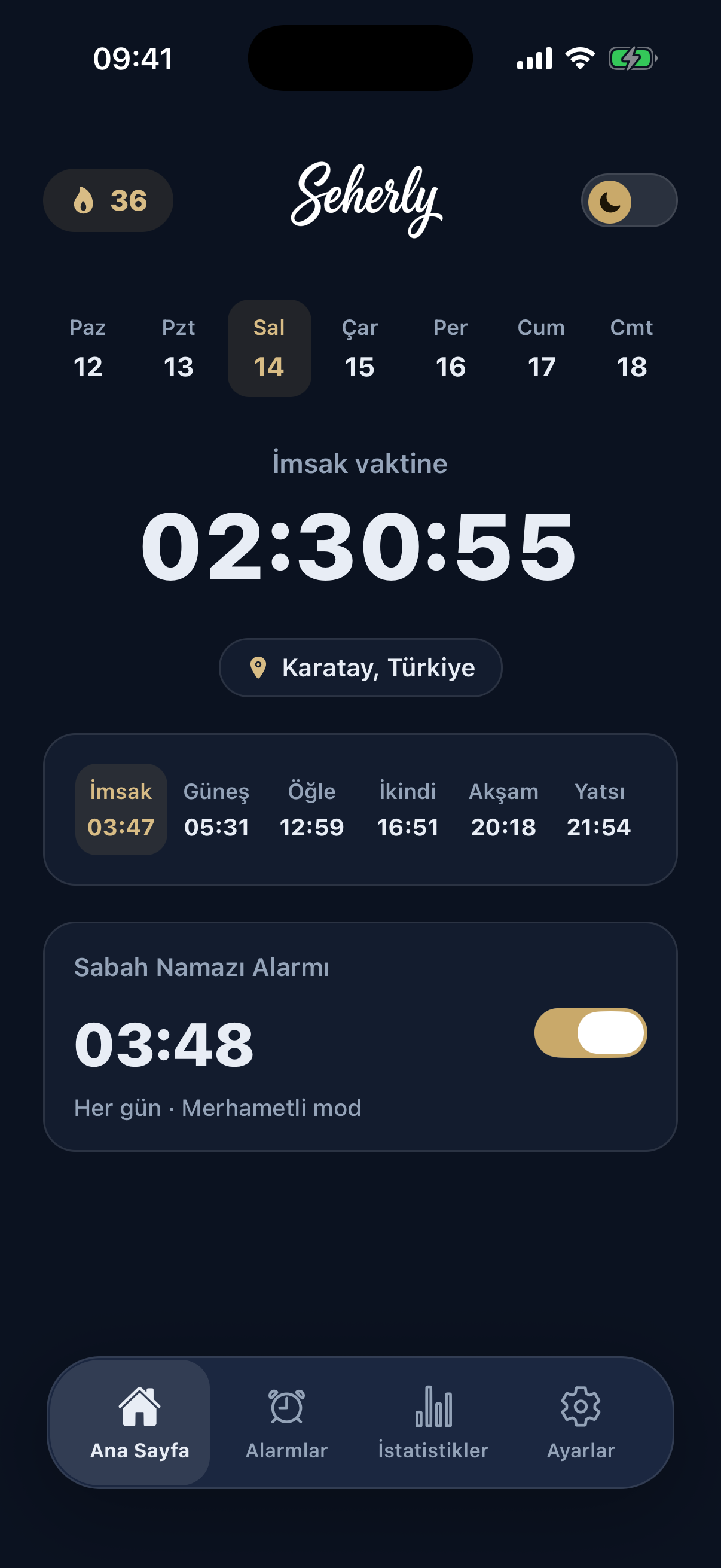 Seherly ana ekranı, imsak vaktine geri sayım