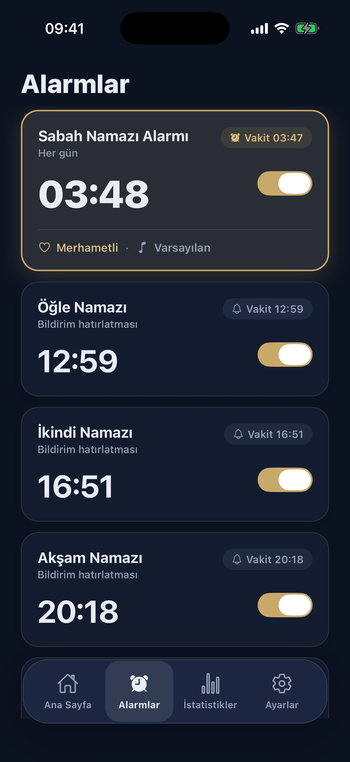 Namaz vakitleri ekranı